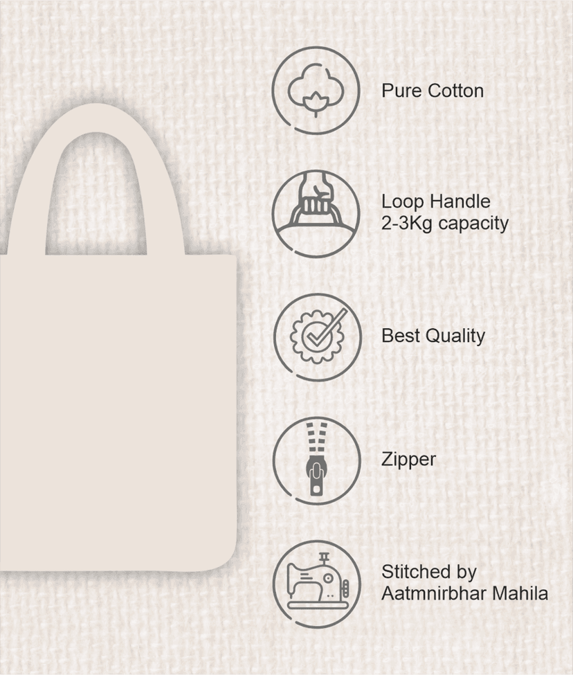 Prakrut India Canvas Tote Bag with Zipper & Inner Pocket, Minimalist Continuous Line Print view 3