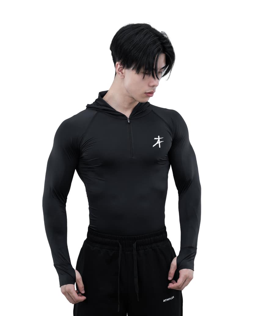 Athflex Men's Performance Assassin Compression Hoodie – Ultimate Stretch,Assasin Look,Premium Nylon - Spandex Blend,Body Fit Hoodie for Gym & Training - black/L