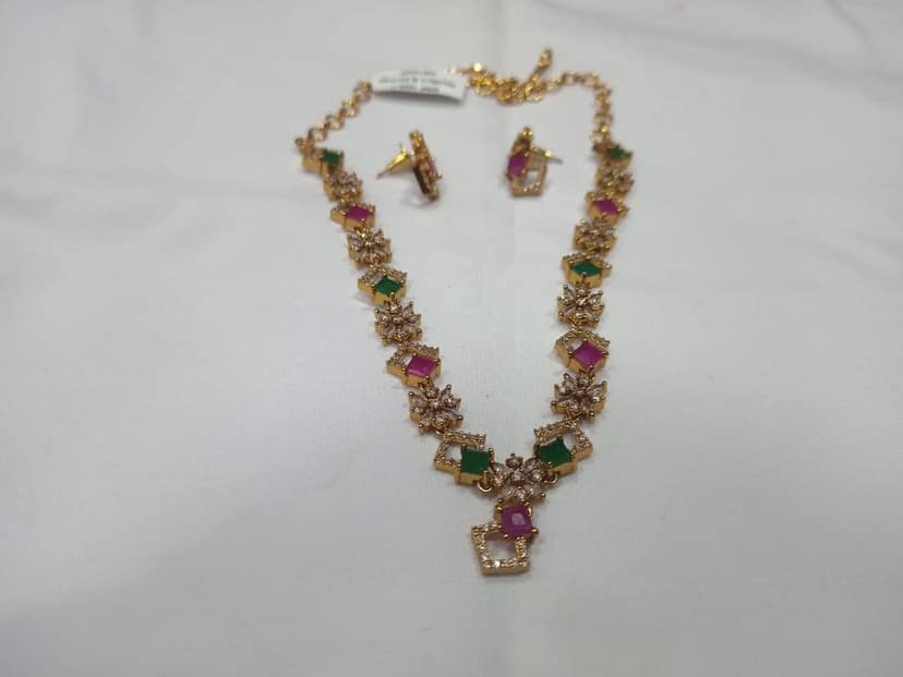 Gold-plated square-shaped American diamond necklace set with green and pink stones view 2