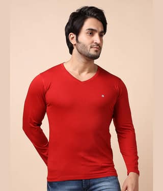 BERRYBLUES 100% Cotton Regular Fit Solid Full Sleeves Men's V-Neck T-Shirt - Red ( Pack of 1 )