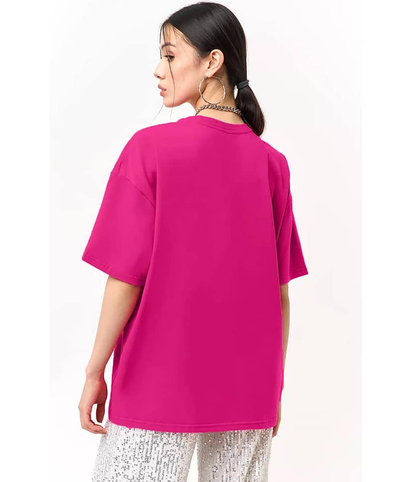 Leotude Women Cotton Blend Printed Oversized Round Neck T-Shirt ( Pink ) view 2