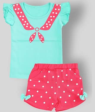 CATCUB Pack of 1 Girls 100% Cotton Top With Shorts ( Green )