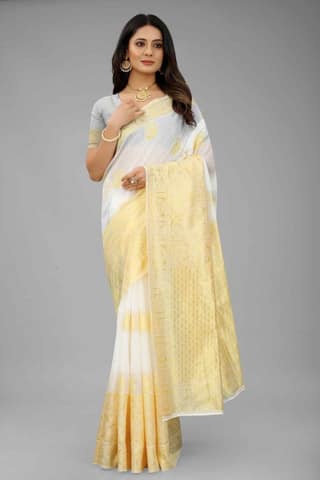 Women's Pearl White Kanjiwaram Art Silk Saree With Unstiched Blouse Piece