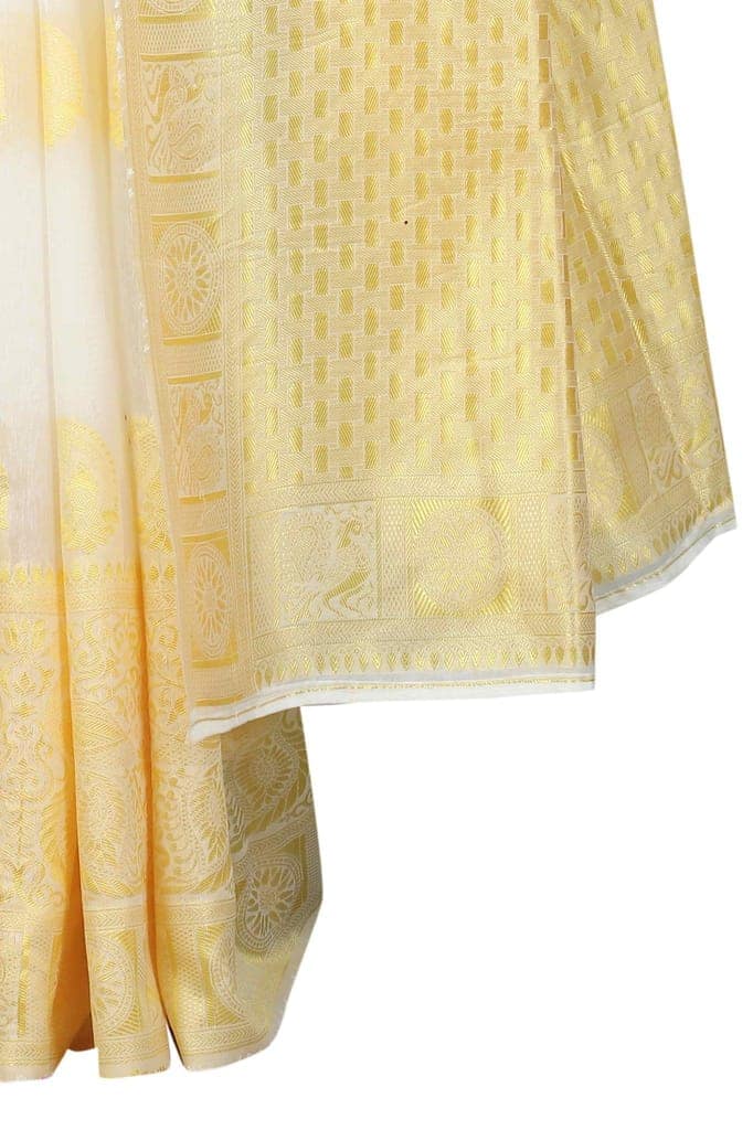 Women's Pearl White Kanjiwaram Art Silk Saree With Unstiched Blouse Piece view 6