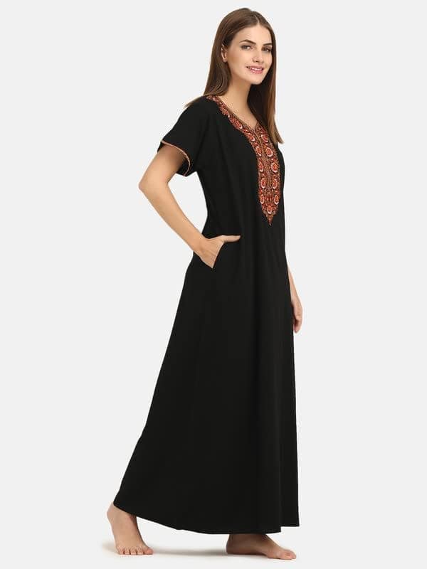 KOI SLEEPWEAR Women's Paan Shape Cotton Blend Embroidered Full Length Night Gown/Maxi/Nighty (Sunflower Black, L) view 4