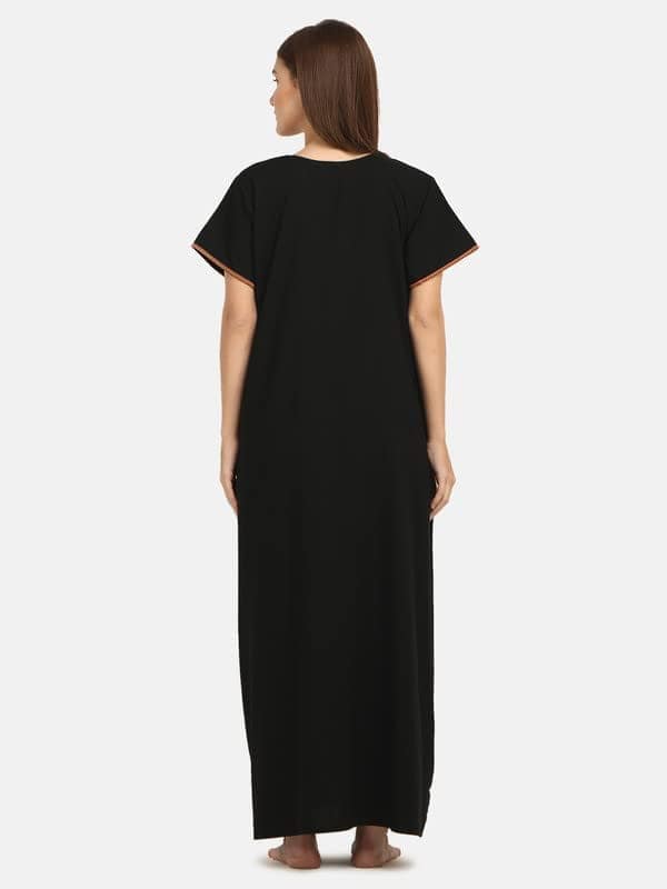 KOI SLEEPWEAR Women's Paan Shape Cotton Blend Embroidered Full Length Night Gown/Maxi/Nighty (Sunflower Black, L) view 5