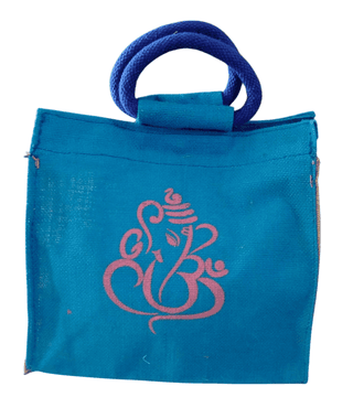Blue Jute Bag with Lord Ganesha Print - Eco-Friendly Tote