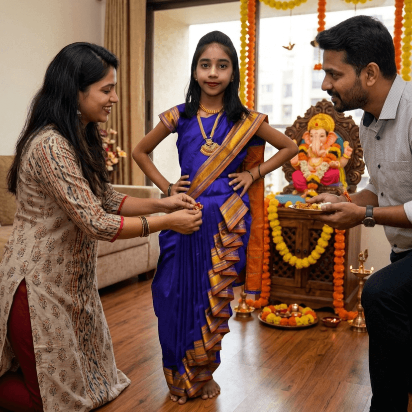 luster Shahi Mastani Nauvari saree for kids/girls Ready-to-wear with a stitched blouse, Traditional Maharashtrian Marathi saree, for School program ganpati pujas festival (Blue, 13-14 Years) view 3