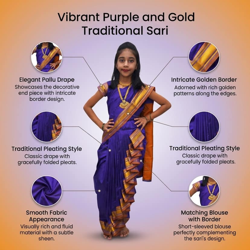 luster Shahi Mastani Nauvari saree for kids/girls Ready-to-wear with a stitched blouse, Traditional Maharashtrian Marathi saree, for School program ganpati pujas festival (Blue, 13-14 Years) view 4