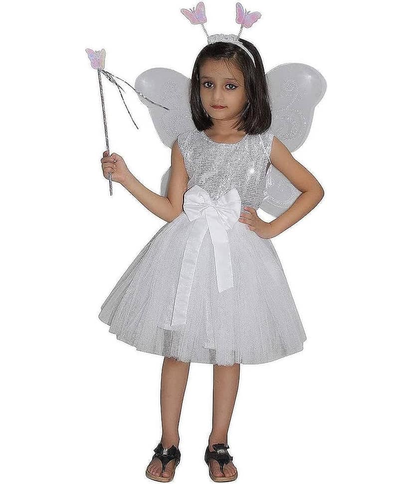 Kaku Fancy Dresses White Butterfly Insect Costume -White, 7-8 Years, For Girls