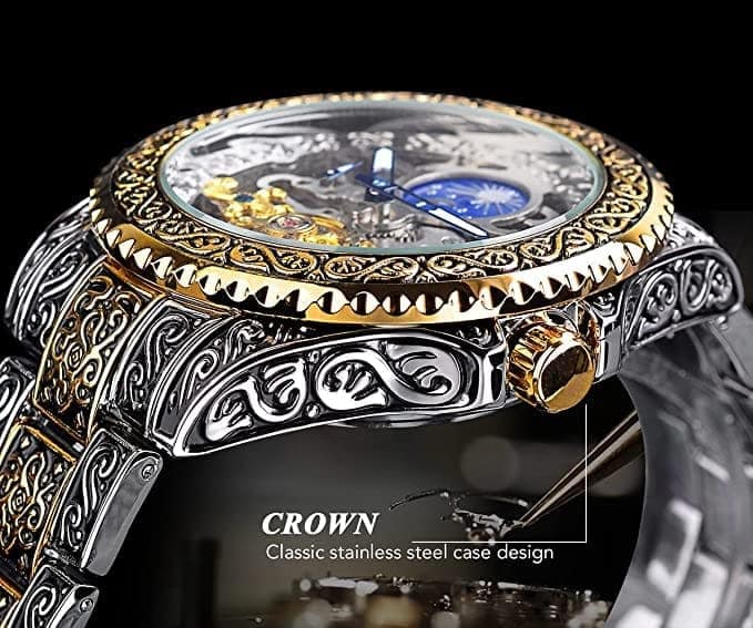 Forsining Série Mystère d'Art Vintage Engraved Rotatable Bezeled Self Winding Automatic Tourbillon Blue Moon Mechanical Stainless Steel Analog Watch - For Men view 2