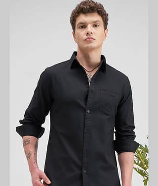 Highlander 100% Cotton Slim Fit Self Design Full Sleeves Men's Casual Shirt - Black ( Pack of 1 )
