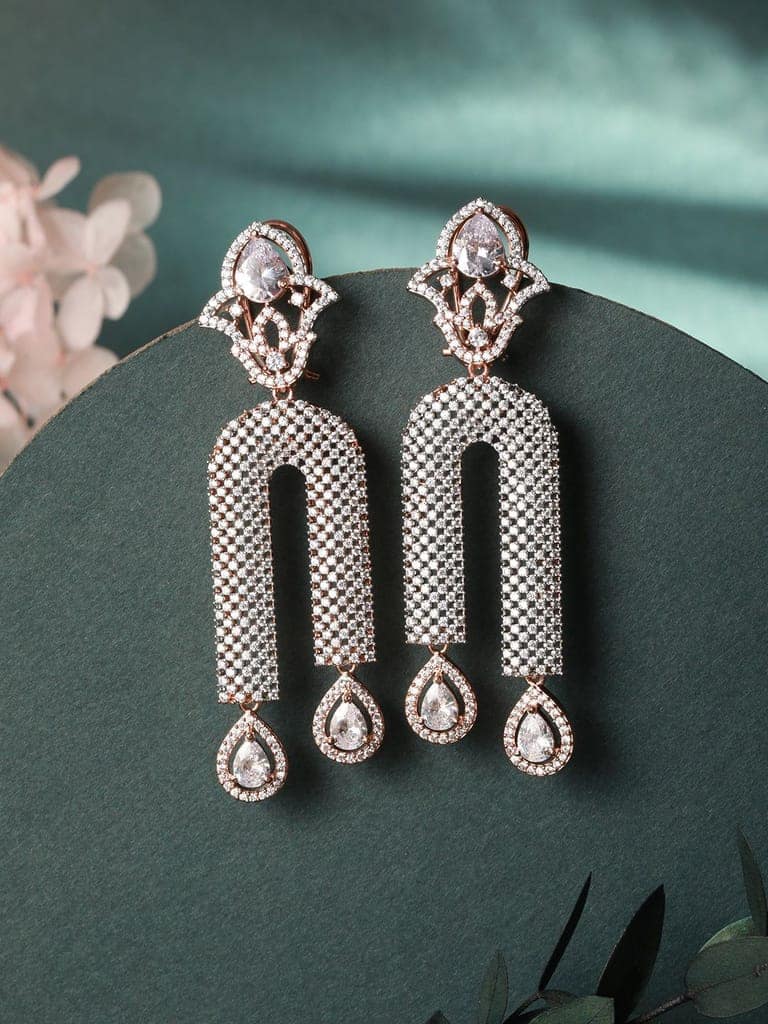 Rose Gold Plated White AD stdded Long Designer Dropdown Earrings view 2