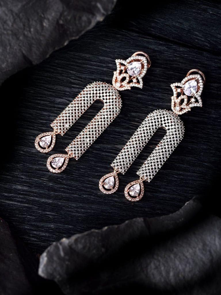 Rose Gold Plated White AD stdded Long Designer Dropdown Earrings view 3