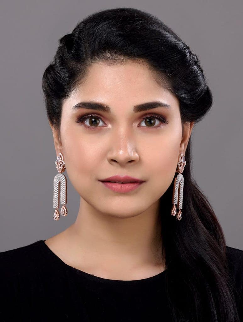 Rose Gold Plated White AD stdded Long Designer Dropdown Earrings view 4