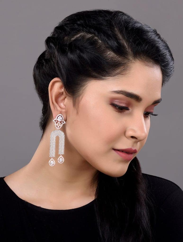 Rose Gold Plated White AD stdded Long Designer Dropdown Earrings view 5