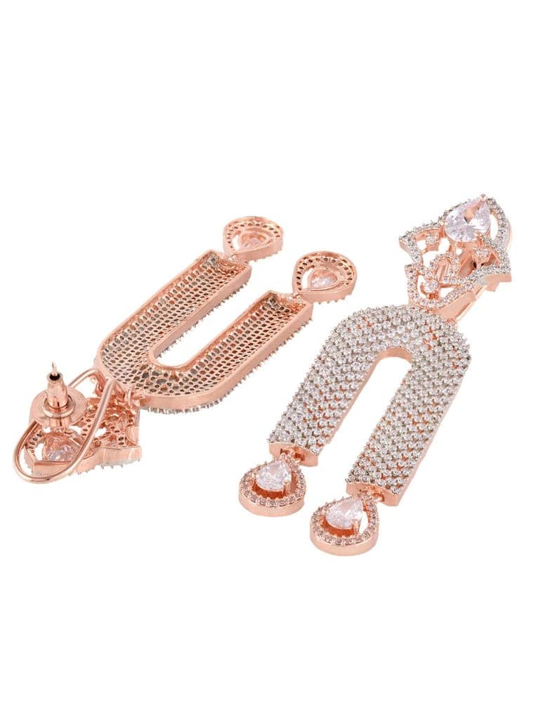 Rose Gold Plated White AD stdded Long Designer Dropdown Earrings view 8
