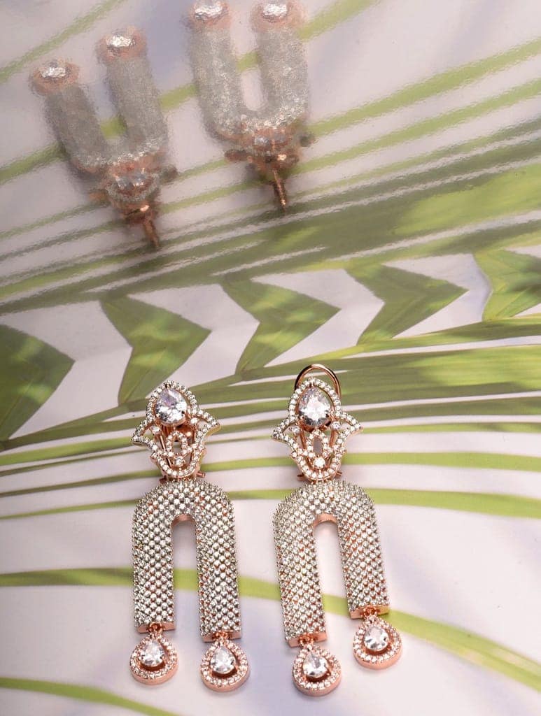 Rose Gold Plated White AD stdded Long Designer Dropdown Earrings view 9