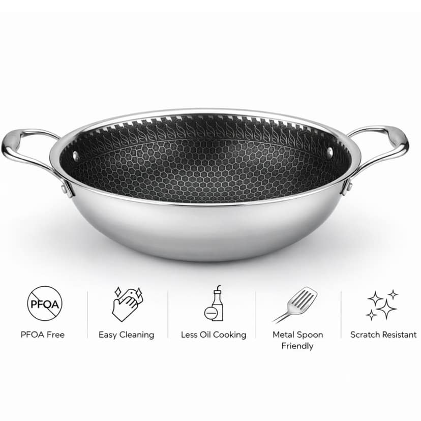 Triply Honeycomb Kadhai with Lid | Stainless Steel Honeycomb Kadhai | Induction & Gas Friendly | Even-Heat 3-Ply Cookware for Healthy Indian Cooking (22cm / 24cm / 26cm)