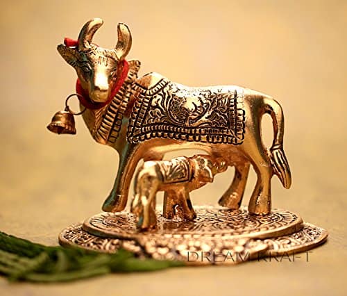 DreamKraft Metal Kamdhenu Cow And Calf Statue, Standard, Gold