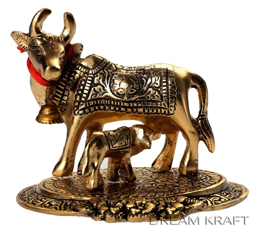 DreamKraft Metal Kamdhenu Cow And Calf Statue, Standard, Gold view 2