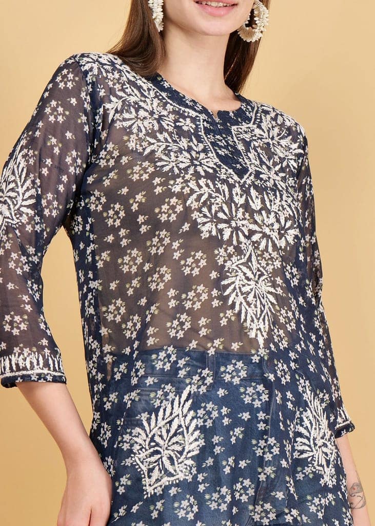 Hand Embroided Lucknow Chikankar Short Straight Georgette Kurta view 7