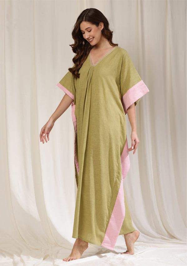 Soft Green Cotton Kaftan with Gathers and Contrast Baby Pink Borders view 4