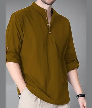 Yugnik Cotton Blend Plain Shirt Style Kurta For Men ( Brown )