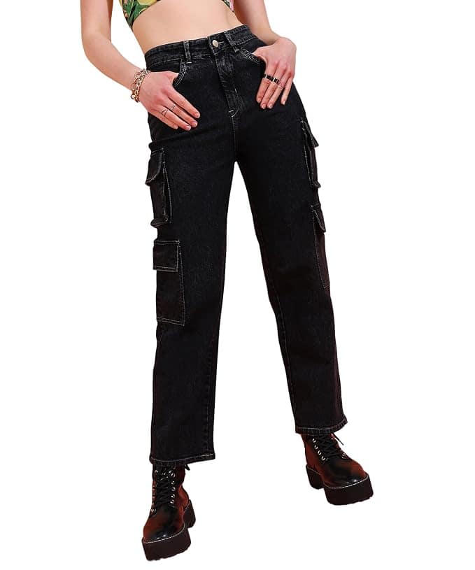 Glossia Fashion Women Cargo Jeans | High Waist Stretchable Wide Leg Straight Fit Denim| Boyfriend Jeans for Women - Black, 32