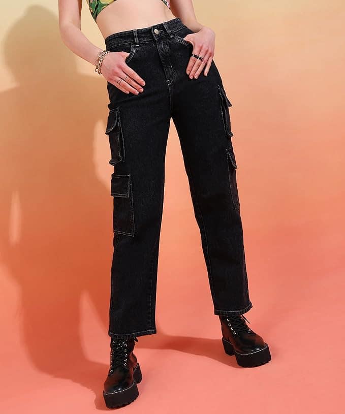 Glossia Fashion Women Cargo Jeans | High Waist Stretchable Wide Leg Straight Fit Denim| Boyfriend Jeans for Women - Black, 32 view 2