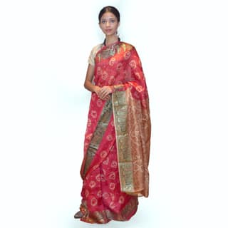 Tribes India Handwoven Red Bandej Flowring Saree