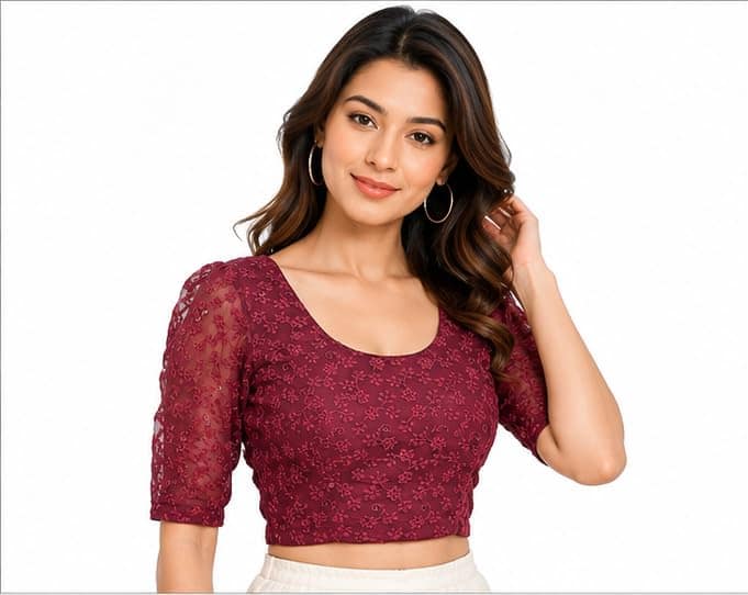 Maroon Chikankari Embroidered Blouse with Floral Design