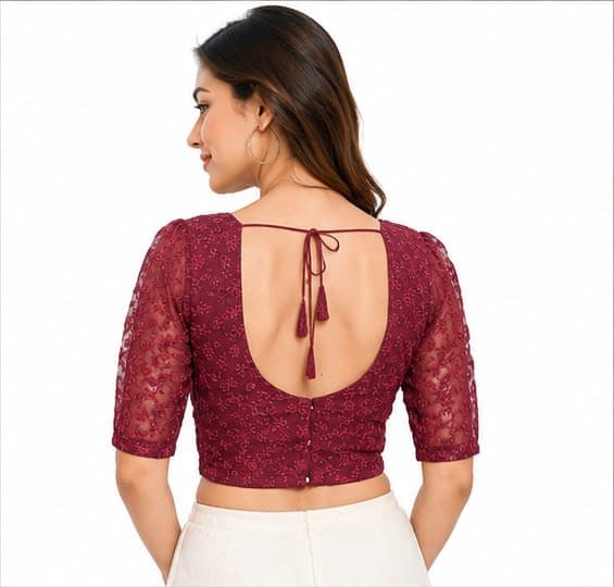 Maroon Chikankari Embroidered Blouse with Floral Design view 2