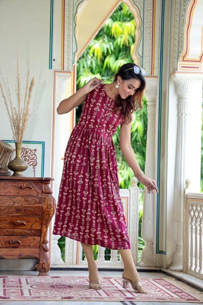 Pure Cotton (60*60) One Piece Dress Sleeveless Ruby Red Color Handblock Printed (Size: S-XXXL, 34-44)-8529 view 3