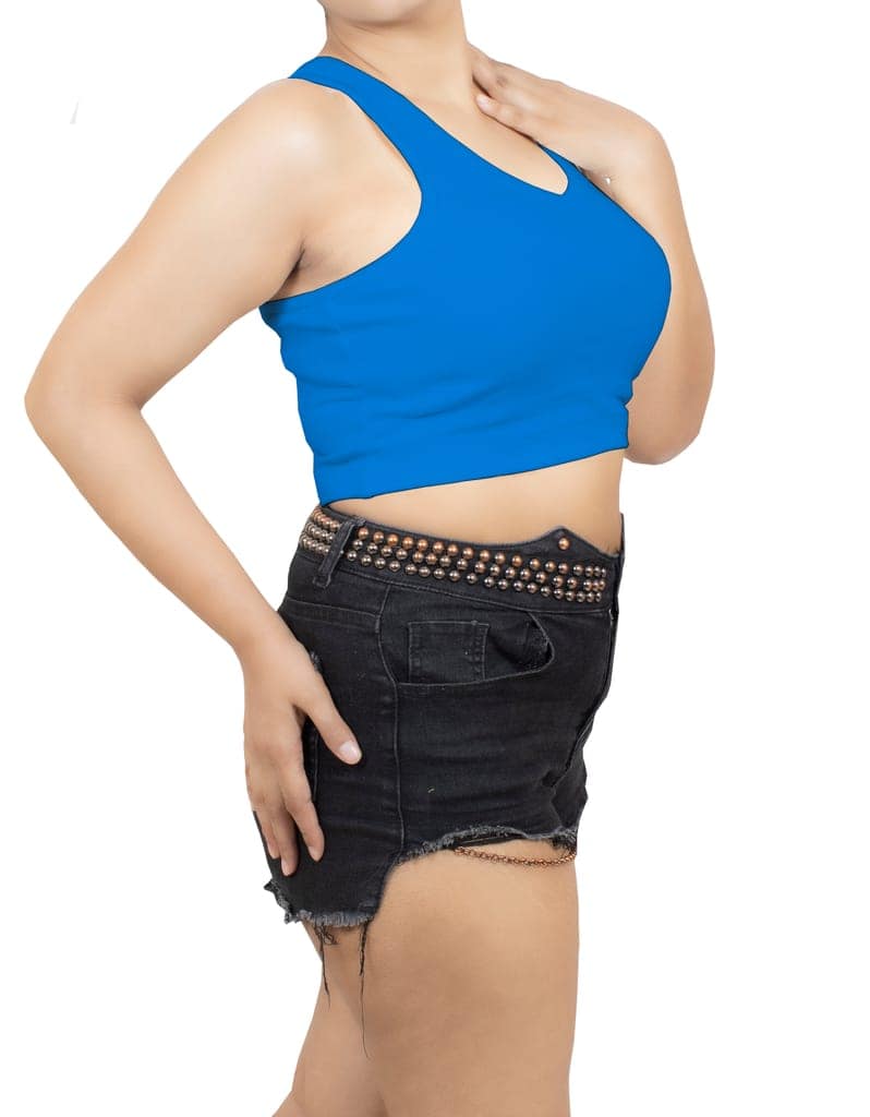 Blue Soft and Stretchy Cotton Knit Rib Fitted V Neck Fitted Casual and Sports Crop Top view 2