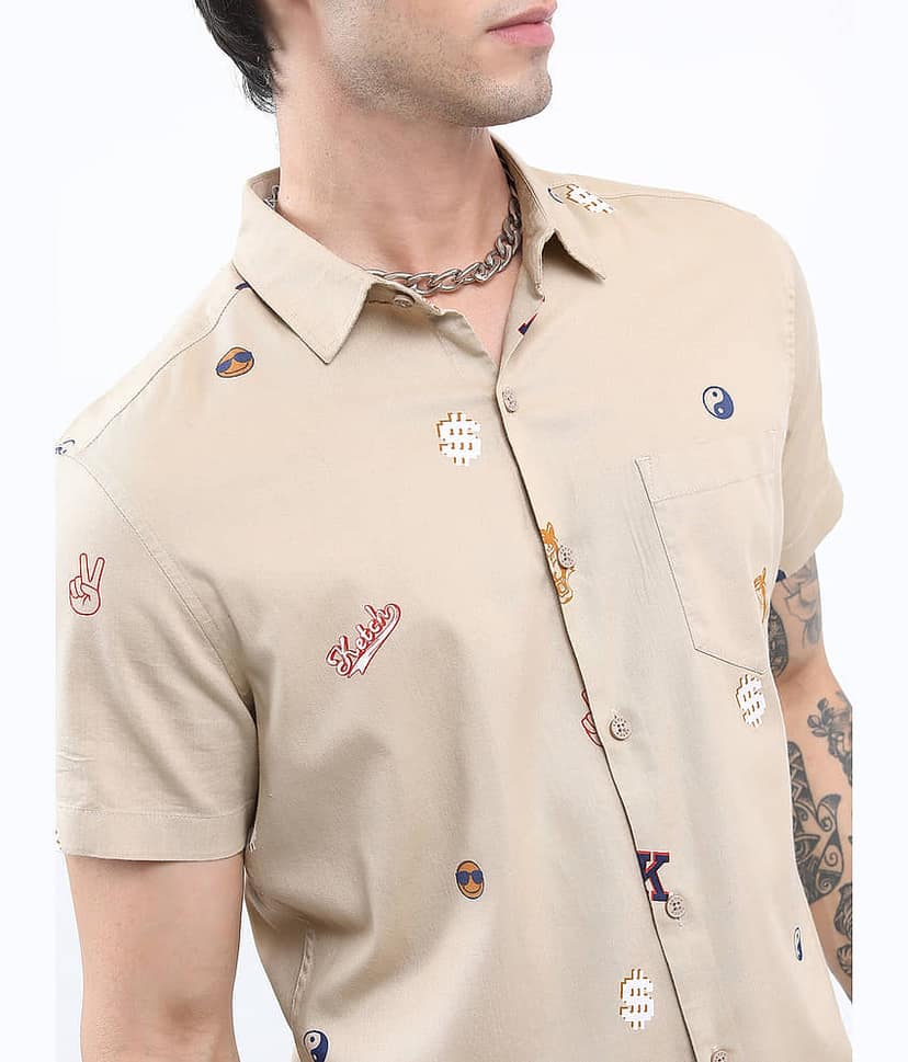 Ketch 100% Cotton Regular Fit Printed Half Sleeves Men's Casual Shirt - Beige ( Pack of 1 ) view 2