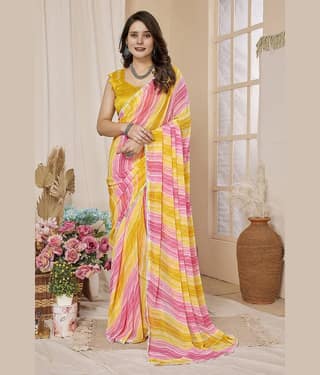 BLEESBURY Georgette Printed Saree With Unstitched Blouse Piece ( Yellow,Multicolour )