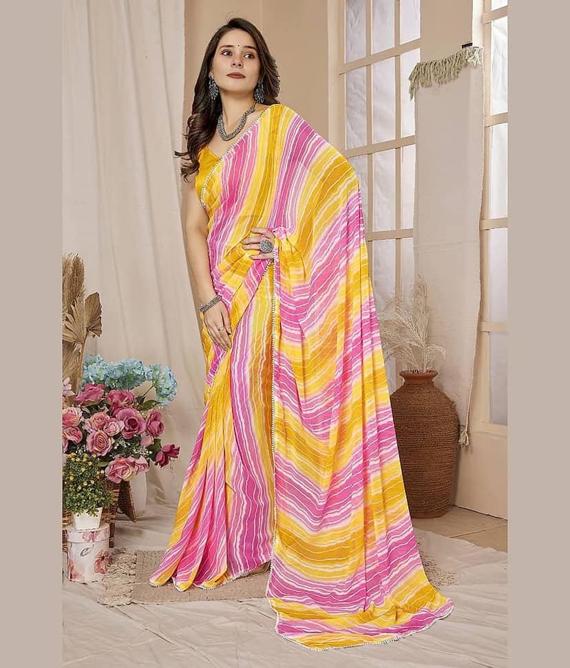BLEESBURY Georgette Printed Saree With Unstitched Blouse Piece ( Yellow,Multicolour ) view 2