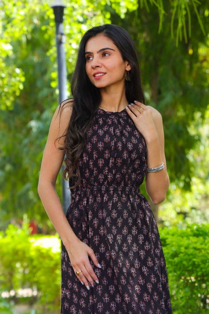 Pure Cotton Halter Neck Midi Dark Brown Dress Hand Block Printed (Size: 38-46)-4690 view 3
