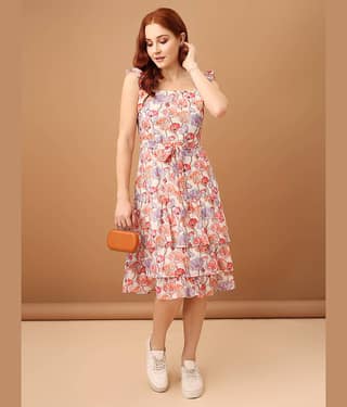 Amarasha Women Georgette Printed Fit & Flare Dress ( Off White )