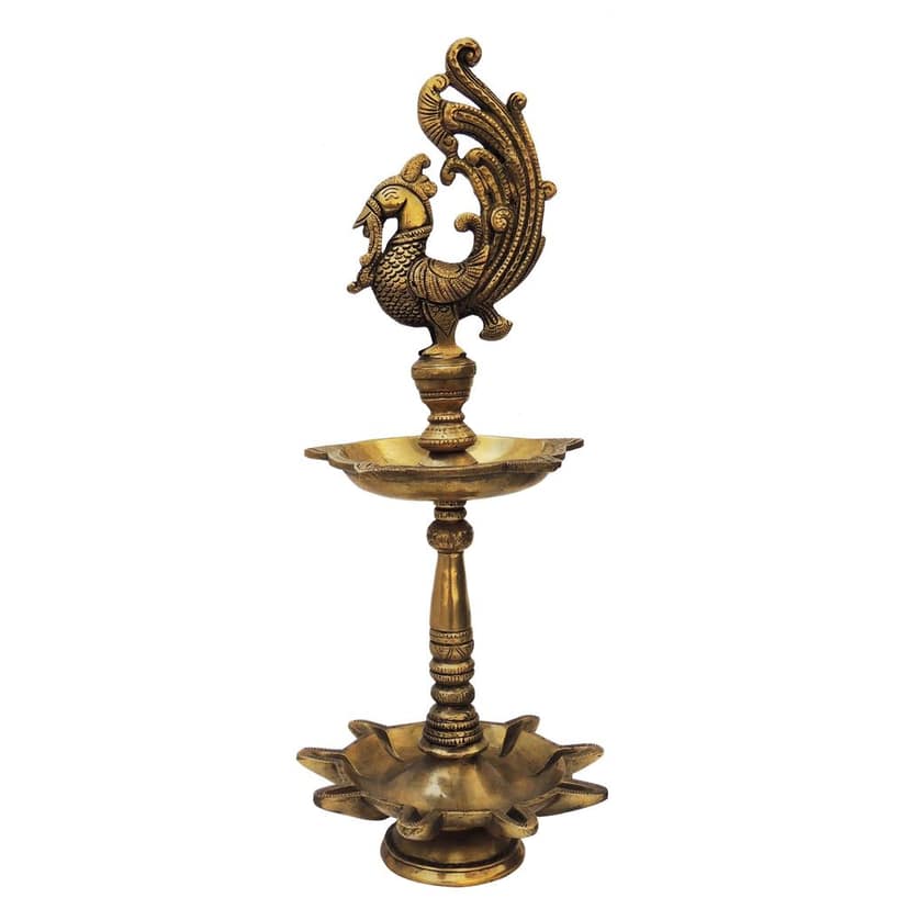 Brass Table Decor Oil Lamp, Deepak - Antique Finish Brass Deepak for Puja, Height : 17.5 Inch (BSMAS927 A) view 2