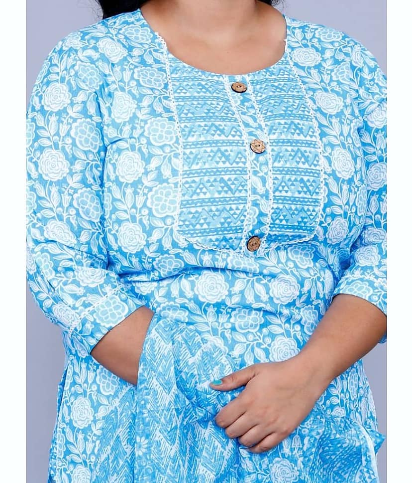 JC4U Cotton Printed Kurti With Pants Women's Stitched Salwar Suit - Blue ( Pack of 1 ) view 2