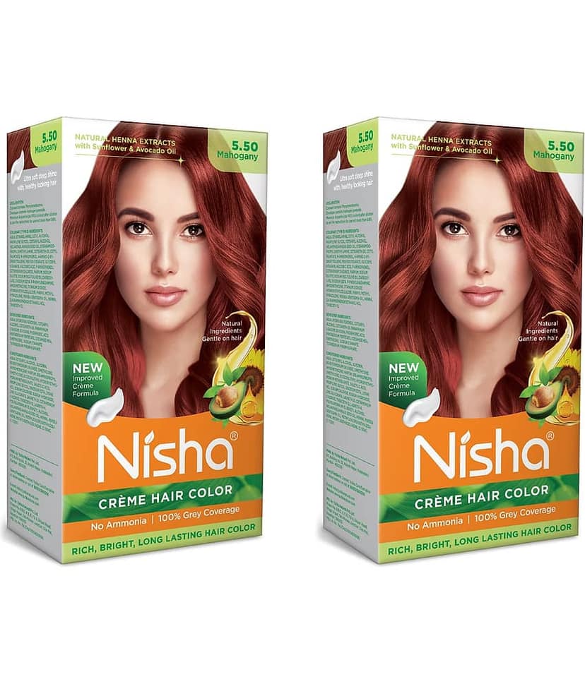 Nisha Creme Hair Color 5.50 Mahogany 120g Pack of 2, Permanent Hair Colour for Women Men, No Ammonia, 100% Grey Coverage