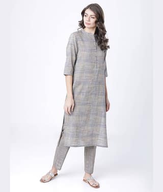 Vishudh Women 100% Cotton Striped Straight Kurti ( Grey )