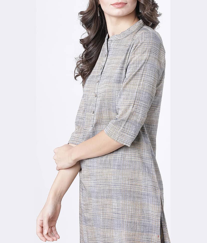 Vishudh Women 100% Cotton Striped Straight Kurti ( Grey ) view 4