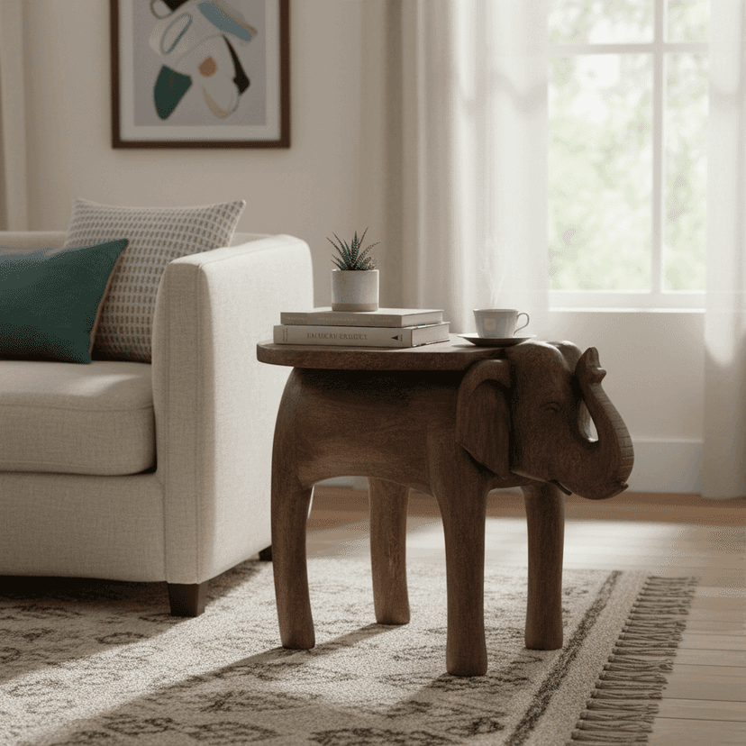 Handcrafted Wooden Side Table Natural Brown | Elephant Shaped