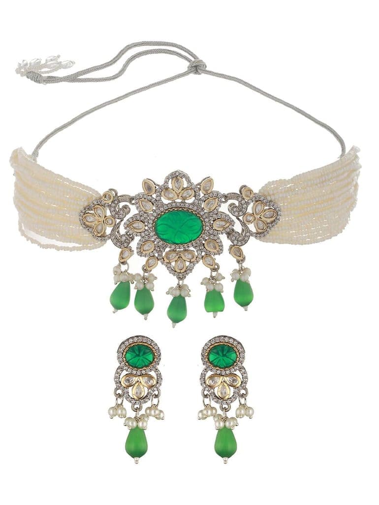 White & Green Studded Pearl Beaded Multistrand Handcrafted Choker Jewellery Set view 2