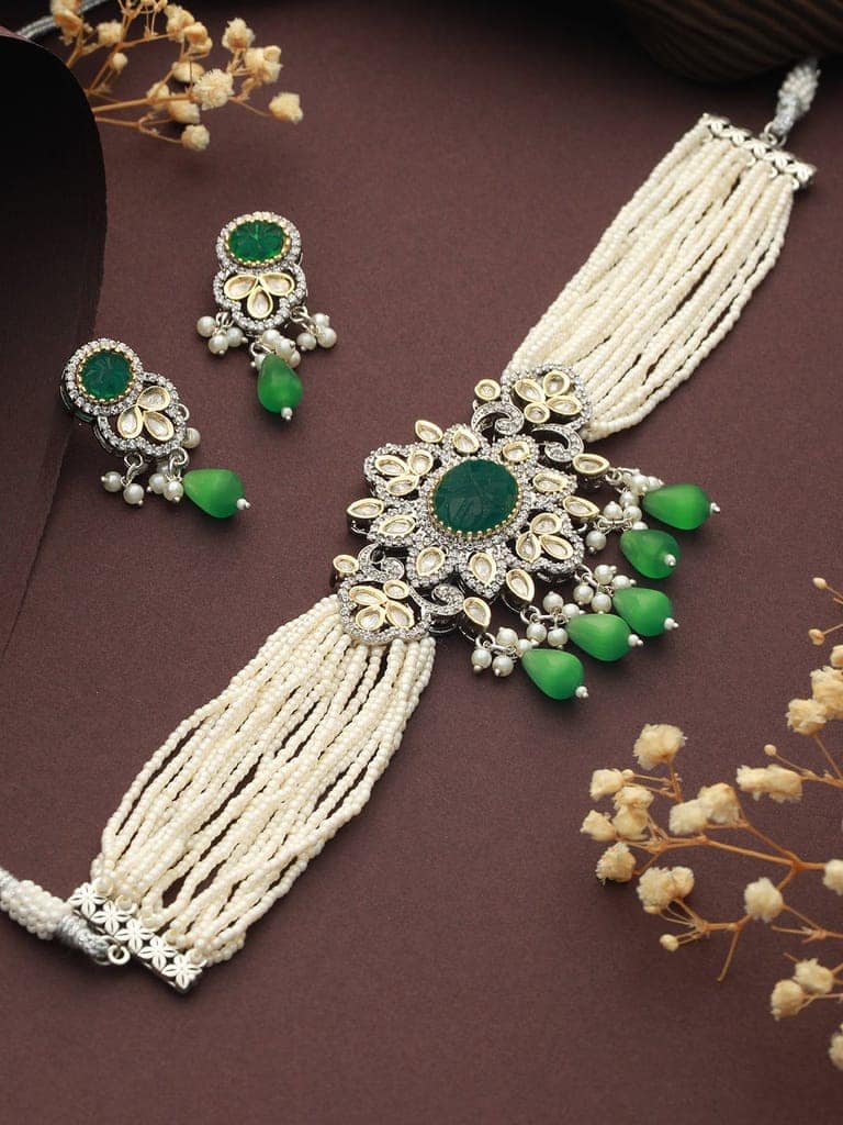 White & Green Studded Pearl Beaded Multistrand Handcrafted Choker Jewellery Set view 4