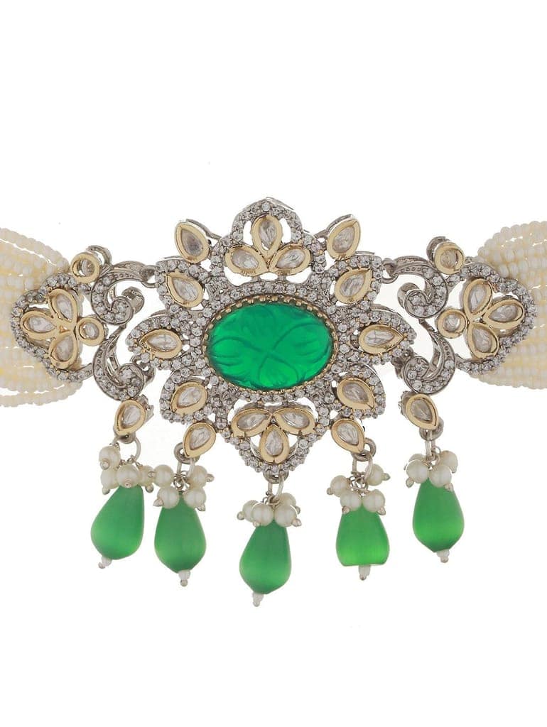 White & Green Studded Pearl Beaded Multistrand Handcrafted Choker Jewellery Set view 6