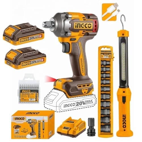 Ingco 1/2" Cordless ImpactSquare Drive Wrench Kit Without Box, 400 N.M, 2 X 2.0 Ah Batteries, 10-Piece Socket Set, LED Work Light, 10-Piece Screwdriver Bit view 2